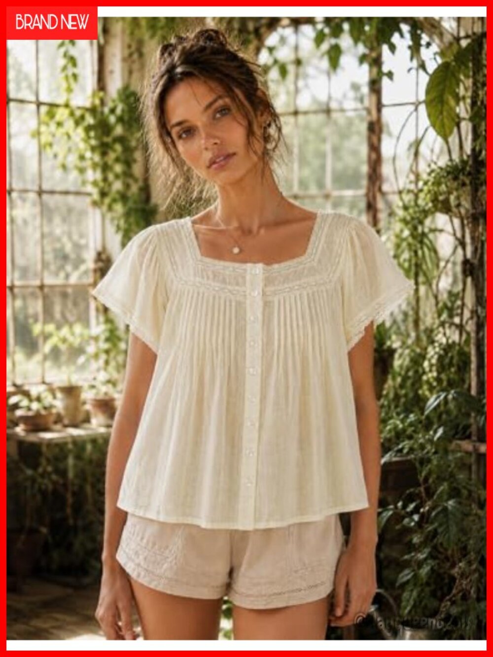 100% Cotton Lace Babydoll Top Square Neck Flutter Sleeve Button Down Crop Blouse - Picture 2 of 7